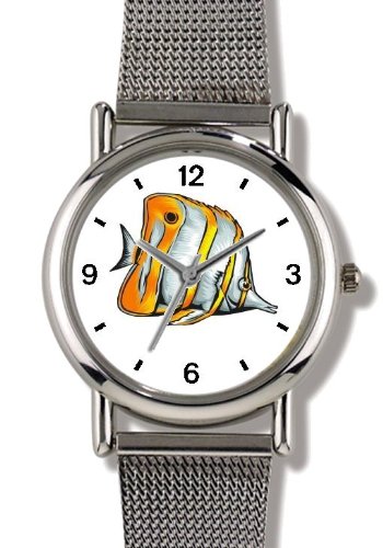 Striped White & Yellow Angel Fish Animal - WATCHBUDDY® ELITE Chrome-Plated Metal Alloy Watch with Metal Mesh Strap-Size-Large ( Men's Size or Jumbo Women's Size )