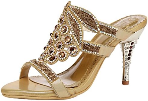 Littleboutique Womens Rhinestone Studded High Heels Strappy Dress Sandals Leather Heeled Sandals gold 8