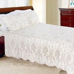 [Serene Night-Ivory] 100% Cotton 3PC Classic Floral Vermicelli-Quilted Quilt Set (Full/Queen Size)