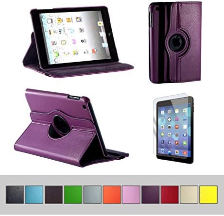 BTM Apple iPad Mini 1 2 & 3 7.9 Retina Display Rotating 360 Leather Case Cover w/ Elastic Strap | FREE Screen Protector + Stylus | Cute For The Girly Girl | Protective Durable Designer Hard Shell Case Stand - Purple