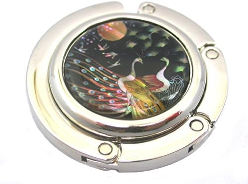 Mother of Pearl Portable Foldable Table Caddy Handbag Purse Holder Hanger Hook Peacock Bird Design Stainless Mop Handcarft Artwork Korea Made