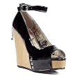 Women's Sexy Penthouse Shoes Wedge Pumps Ankle Strap 4.5 Inch Open Peep Toe Black Plaid Cherries