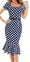 Cotton/Polyester Mermaid Dots Print Vintage Square Neck Bodycon Dress/Midi Dress 