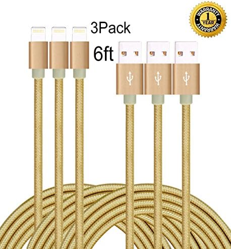 IFaxnn 3PCS 6FT Lightning Cable Premium Popular Nylon Braided Extra Long USB Cord Charging Cable for iphone 6s, 6s plus, 6plus,6,se,5s 5c 5,iPad Mini, Air,iPad5,iPod (gold).