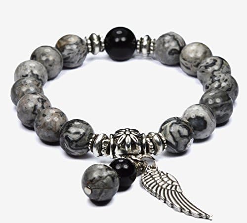 Picture Jasper Onyx Gemstone Bracelet Angel Wing Charm Stretch Bracelet Natural Stone Handmade Jewelry Healing Crystal Beaded Gifts