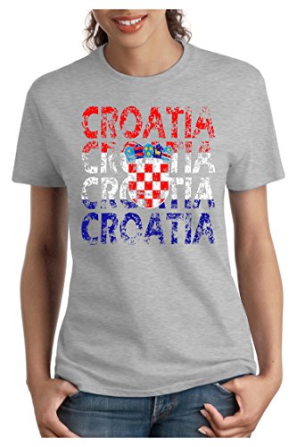 OM3 – CROATIA – Damen T-Shirt tailliert – HRVATSKA EM 2016 FRANKREICH FRANCE FUSSBALL FANSHIRT SOCCER SPORT TRIKOT EUROPAMEISTER, XL, grau meliert