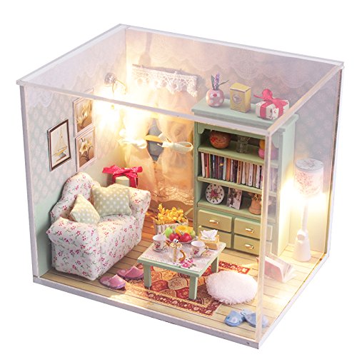 Cuteroom Dollhouse Miniature DIY Wood Kit Dolls house with Cover and LED Toy Christmas Gift Birthday Gift Cute Room Relax Time