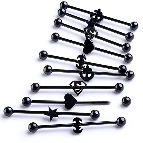 PiercingJ 10pc Black Silver Stainless Steel Mix Long Industrial Barbell Stud Ear Ring Piercing