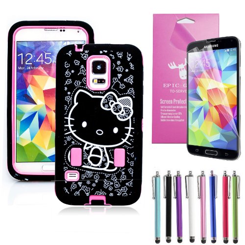 Epic Gadget(TM) Samsung Galaxy S5 i9600 Hybrid Heavy Duty Protective Combo Case Cute Pink Miss Kitty Shockproof Cover Skin With Built in Screen Protector + Free Screen Protector and 1 Stylus Pen (Hello Kitty Pink Case)