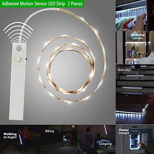 2 PCS 1 Meter Adhesive Motion Sensor LED Strip Lights for Wardrobe Closet Cabinet Baby Kids Room Battery Operated