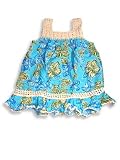 Hula Bay - Girls Hand Crochette Trimmed Printed Rayon Sundress, Cream, Lt. Blue, Olive