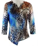 Boho Chic - Natures World 3/4 Sleeve, Dimensional Print, Split Neck Collar, Chrome Button Accents, Fashion Top