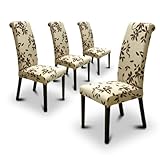 Set of New Off White Beige Parson Side Dining Chairs with a Floral Print and Cappuccino / Espresso Finish Legs