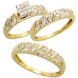 14k Gold 3-Piece Trio His (4.5mm) & Hers (4mm; 5mm) Wedding Band Set, w/ 0.74 Carat Brilliant Cut Diamonds (Men's Size 9 to 12; Ladies' Size 6 to 8)