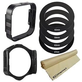 Square Accessory Kit for Cokin P Series. Includes: Adapter Ring Set (58mm, 52mm, 62mm, 67mm) + Lens Hood + Square Filter Holder + JB Microfiber Lens Cleaning Cloth