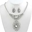 Large Silvertone Pendant with Rhinestone Necklace and Earrings Set