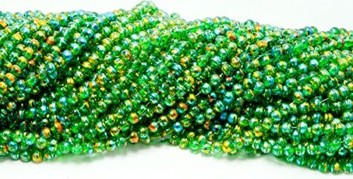 8mm Round Glass Bead - 100pc Strand - Transluscent With Festive Finish - Green with Gold and Blue Finish