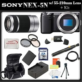Sony Alpha Nex-5N Kit with 55-210mm Lens Kit. Package Includes: Sony Nex5N Digital Camera, Sony SEL55210 55-210mm f/4.5-6.3 Lens, Extended Life Battery, Rapid Travel Charger, 8GB Memory Card, Memory Card Reader, HDMI Cable, Lens Pen, SSE Microfiber Cleaning Cloth and Soft Carrying Case