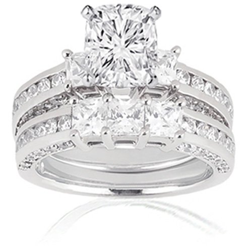 4 Ct Cushion Cut 3 Stone Diamond Bridal Rings Set SI2-G