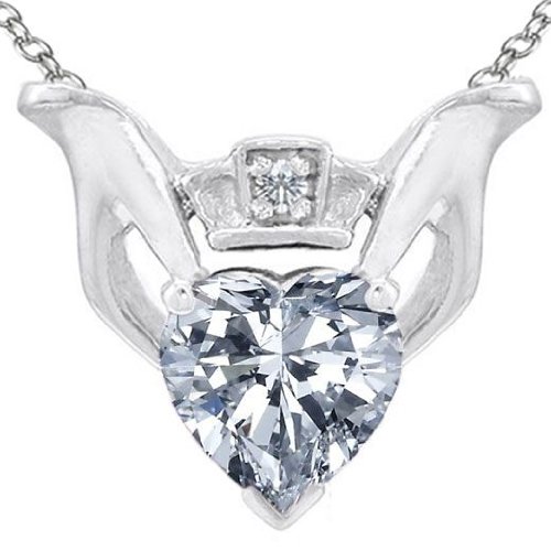 Candygem Genuine 14K Gold Genuine Heart Shaped White Topaz and Diamond Claddagh Love Pendant