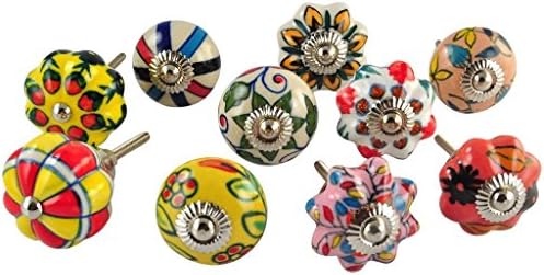 US Shopee LLP Handmade Multi-Color Ceramic Knobs For Cabinets &amp; Cupboards - Hand Painted Drawer Pulls Multi-Color cabinate knob set of-10 pc