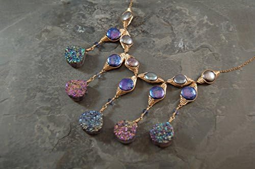 Ancient Egyptian and Art Nouveau Inspired Necklace - Gold - Titanium Drusy - Pearl - Gemstone - One of a Kind