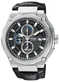 Stainless Steel Eco-Drive Chronograph Black Dial Leather Strap