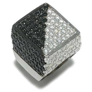 Gioie Women's Ring in White 18k Gold with White Cubic Zirconia and Black Cubic Zirconia, Size 9, 27 Grams