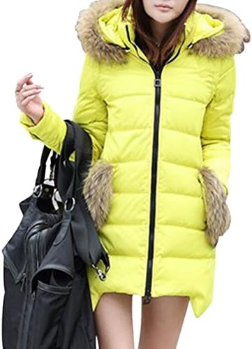 HDA Women's Cat Ears Fur Hooded Warm Quilted Puffer Midi Down Coat Jackets S Yellow
