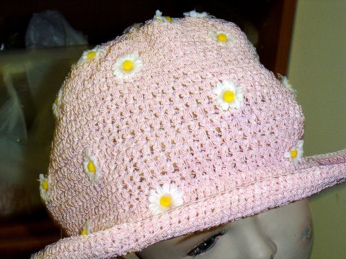 Ht25, Hand Crocheted Pink Gimp Girls Floppy Hat with White and Yellow Satin Daisies All Over