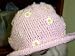 Hand Crocheted Pink Gimp Girls Floppy Hat with White and Yellow Satin Daisies All Over