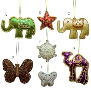 Zardozi Embroidery Christmas Hangings In Butterfly, Star, Camel, Elephant Turtoise Shapes (Free Shipping) Chng0029