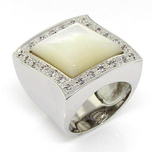 Shimmery Lozenge - Large Cocktail Ring with White Mother of Pearl  &  White CZs 925 Sterling Silver, 6
