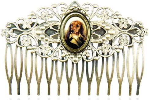 Filigree hair comb with with oval glass cabochons protecting a design with a dog dressed up an army general