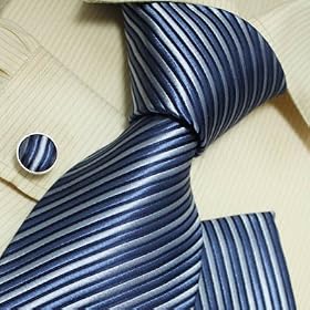 Buy H5015 New Designes Silver Blue Striped 100% Jacquard Woven Silk Tie Hanky Mens Necktie and Cuff... by Y&G