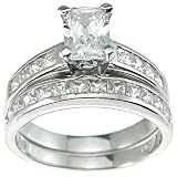 Emerald Cut Cubic Zirconia CZ Wedding and Engagement Ring Set in Sterling Silver