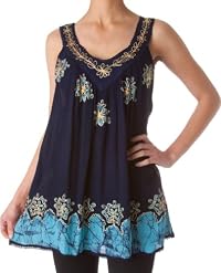 Tie-Dyed Hem Embroidered V-Neck Sleeveless Semi-Sheer Gauzy Top / Blouse ( Various Colors )