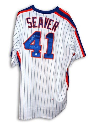 Tom Seaver Signed New York Mets White Pinstripe Majestic Throwback Jersey - Miracle Mets