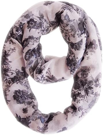 Spring Fashion Cherry Blossom Floral Print & Hummingbirds Infinity Loop Scarves (Black & White)