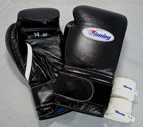 Winning 14oz Boxing Velcro Gloves Set Hand wraps Sack pack (Black)
