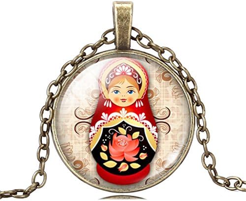 Glass Cabochon Silver Bronze Chain Necklace Tradition Russian Doll Picture Vintage Pendant Necklace