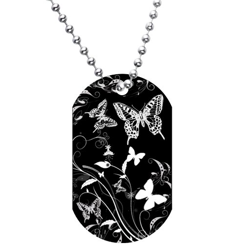 BW Flight of the Butterfly Tattoo Dog Tag Necklace