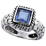 14K White Gold Rhodium Plated Sterling Silver Wedding & Engagement Ring Sterling Silver Bali Inspired Square Ring w/ 6mm Princess Cut Synthetic Blue Topaz Stone For Women 11MM ( Size 5 to 10)