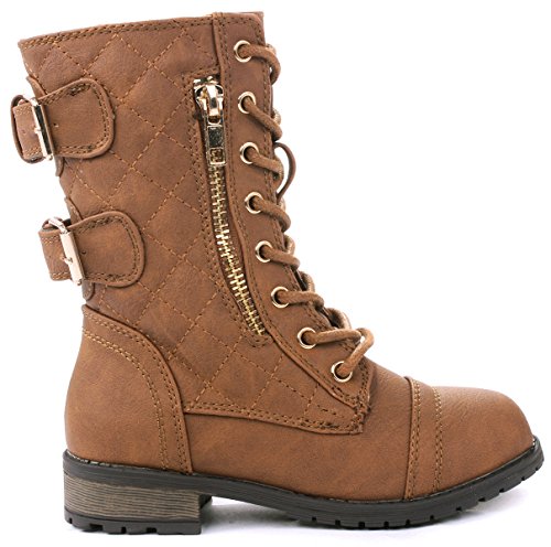 JJF Shoes Mango-79 Kids Tan Combat Lace Up Quilted Dual Buckle Zip Decor Mid Calf Motorcycle Boots-1