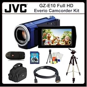 JVC GZ-E10 Everio Camcorder Kit Includes: JVC GZE10 Camcorder (Blue), HDMI Cable , 32GB Memory Card, Memory Card Reader, Large Carrying Case, Full Size Tripod, Table Top Tripod, LCD Screen Protectors, Cleaning Kit & SSE Microfiber Cleaning Cloth.