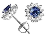 1.40 cts Genuine Sapphire and Diamond Screw Back Earring Studs - 14kt White or Yellow Gold
