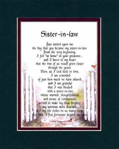 Sister-in-law Touching 8x10 Poem, Double-matted in Dark Green Over