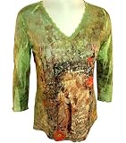 Amore Couture Long Sleeve, Lace Lined V-Neck, Printed Nylon Top With Swarovski Crystals - Pale Green