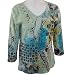 Katina Marie - Mona Lisa Casual Leopard 3/4 Sleeve, Rhinestone Studded, Pre-Washed, Printed V-Neck Cotton Top - Aqua