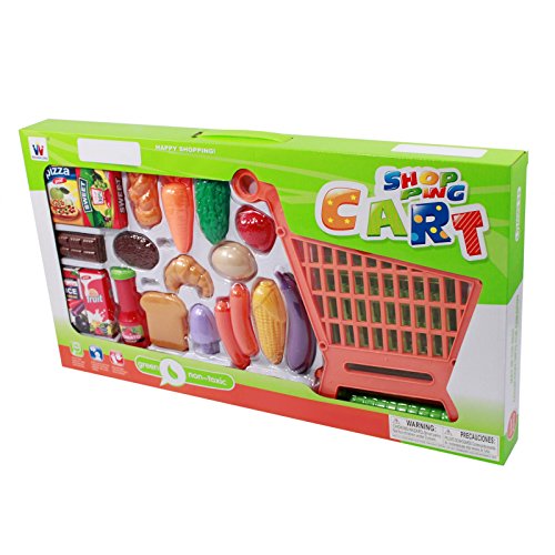 Kids Push Along Shopping Cart Pretend Play Toy with Grocery Accessories - Orange